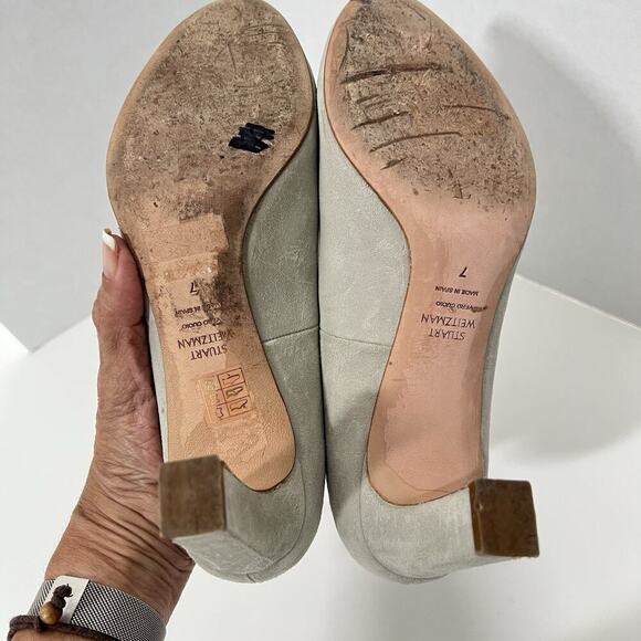 Stuart Weitzman Suede Pumps Mint Green Size 7 Block 3” Heel Almond Toe Spain - Picture 8 of 10